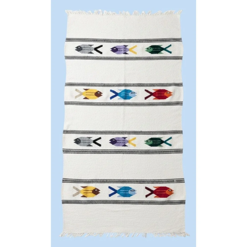 Vintage Mexican/Native Wool Fish Rug Wall /Hanging Folk Coastal Tapestry 80x42
